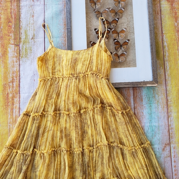 Max Studio Mustard Silk Floral Ruffle Tiered Dress - Picture 5 of 7